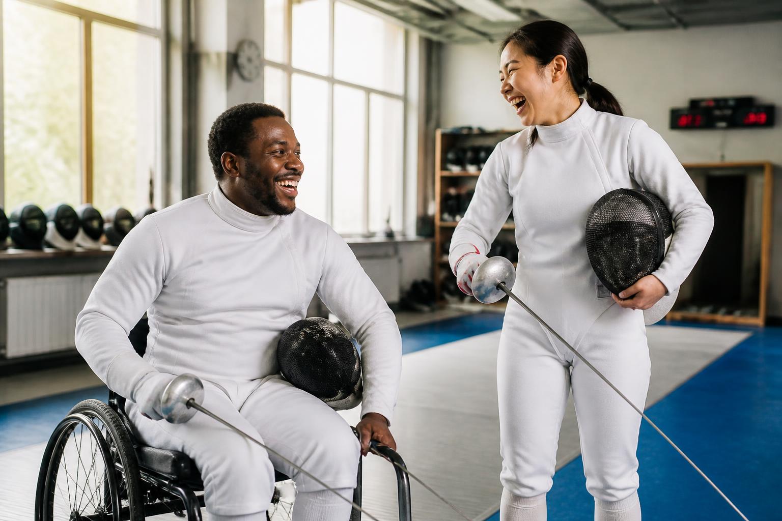 Wheelchair and standing fencers training together in a bright club hall